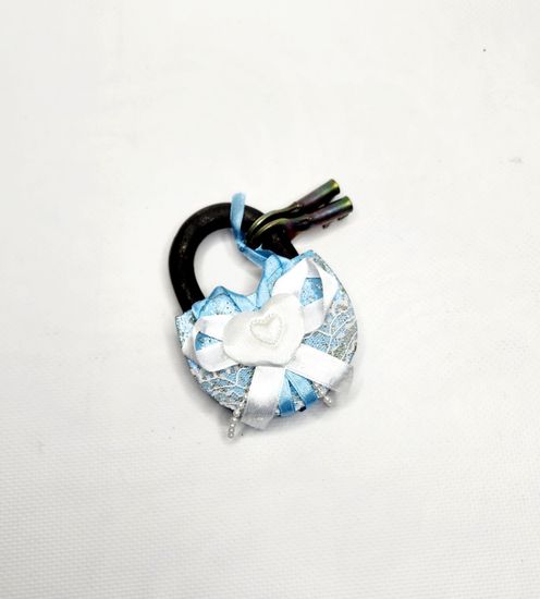 Свадебный замочек, голубой , с блёстками и кружевом