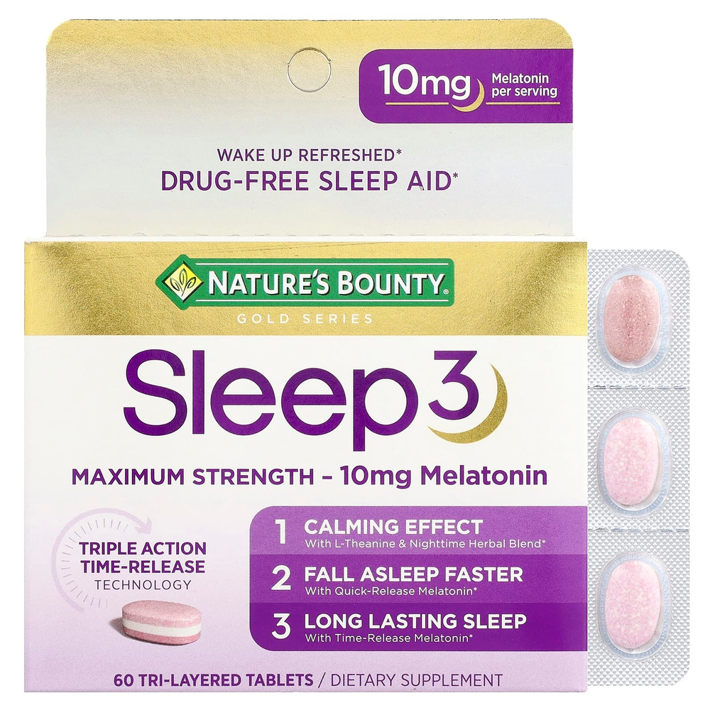 Nature's Bounty, Sleep 3, эффективное средство для улучшения качества сна, без наркотических веществ, 60 трехслойных таблеток