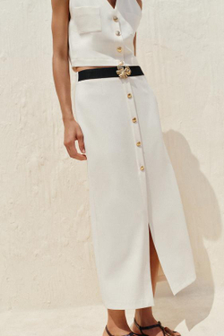 ZARA ЮБКА-МИДИ ИЗ КРЕПА С РЕМНЕМ, ЭКРЮ