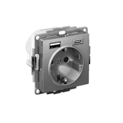 Розетка 1-м СП AtlasDesign 16А IP20 с 2-мя заряд. устройствами USB тип A+C механизм сталь SE ATN000932
