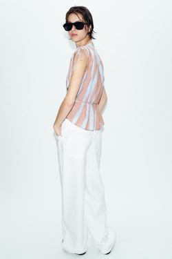 ZARA РУБАШКА В ПОЛОСКУ СО ШНУРКАМИ, КОРИЧНЕВО-СИНИЙ