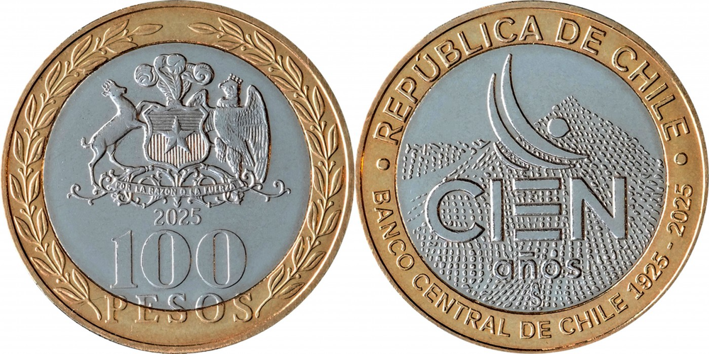 Чили 100 песо, 2025 100-летие Центрального банка Чили