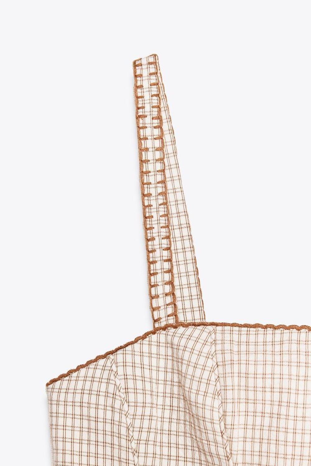 ZARA ТОП В КЛЕТКУ С ВОЛАНАМИ, КОРИЧНЕВЫЙ/ЭКРЮ