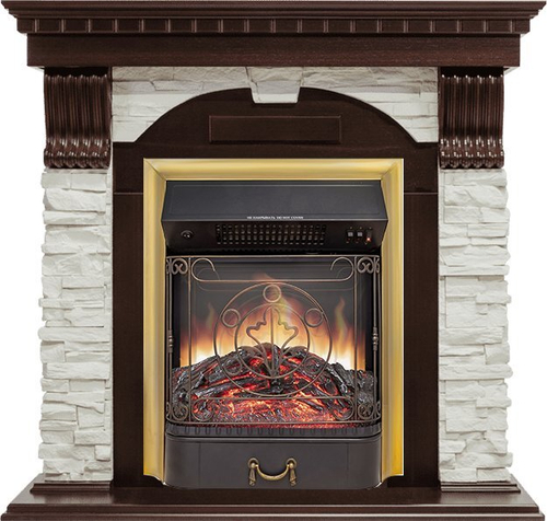 Каминокомплект Dublin угловой - Темный дуб / Сланец белый с очагом Majestic FX M Brass