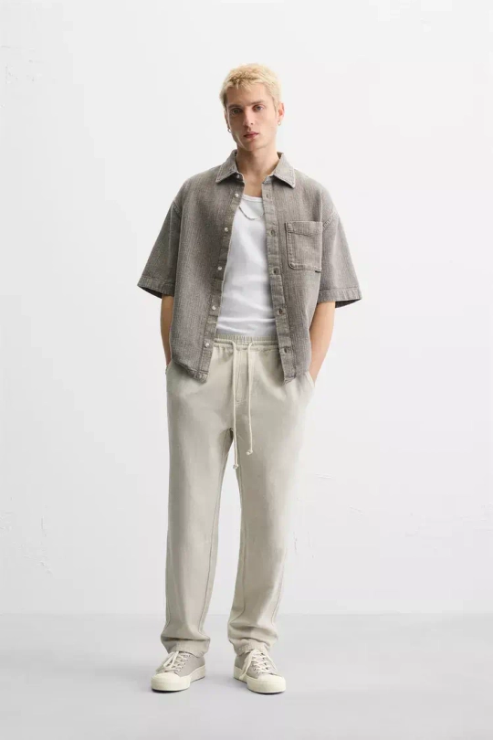 ZARA БРЮКИ ИЗ ХЛОПКА И ЛЬНА, ПЕСОЧНЫЙ