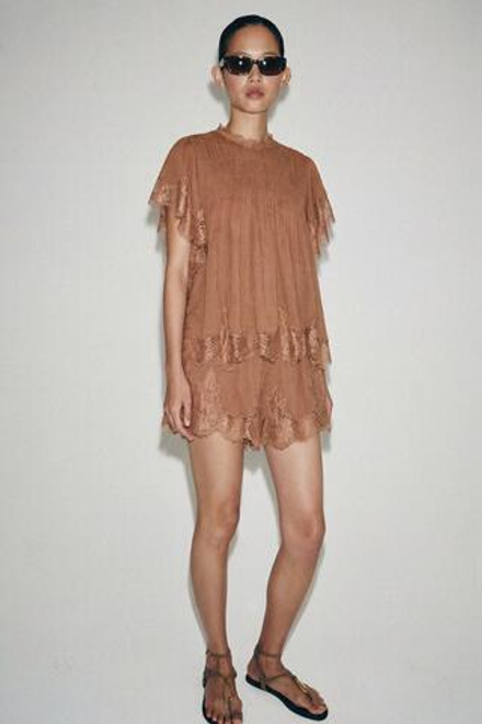 ZARA КРУЖЕВНОЙ ТОП С ВОЛАНАМИ — ZW COLLECTION, ЧЕРЕПИЧНЫЙ