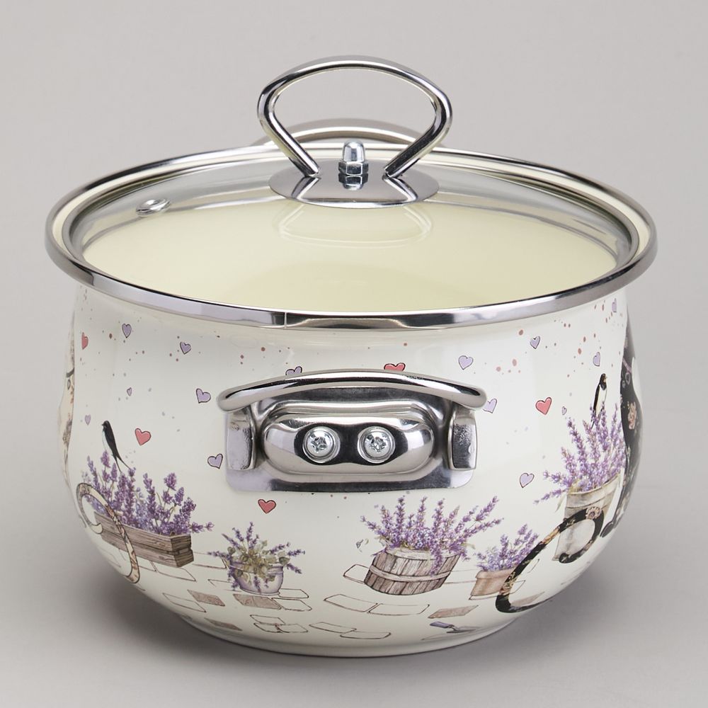 КАСТРЮЛЯ AGNESS ЭМАЛИРОВАННАЯ СО СТЕКЛЯННОЙ КРЫШКОЙ СЕРИЯ "LAVENDER CATS", 2,0 Л ДИА. 18СМ