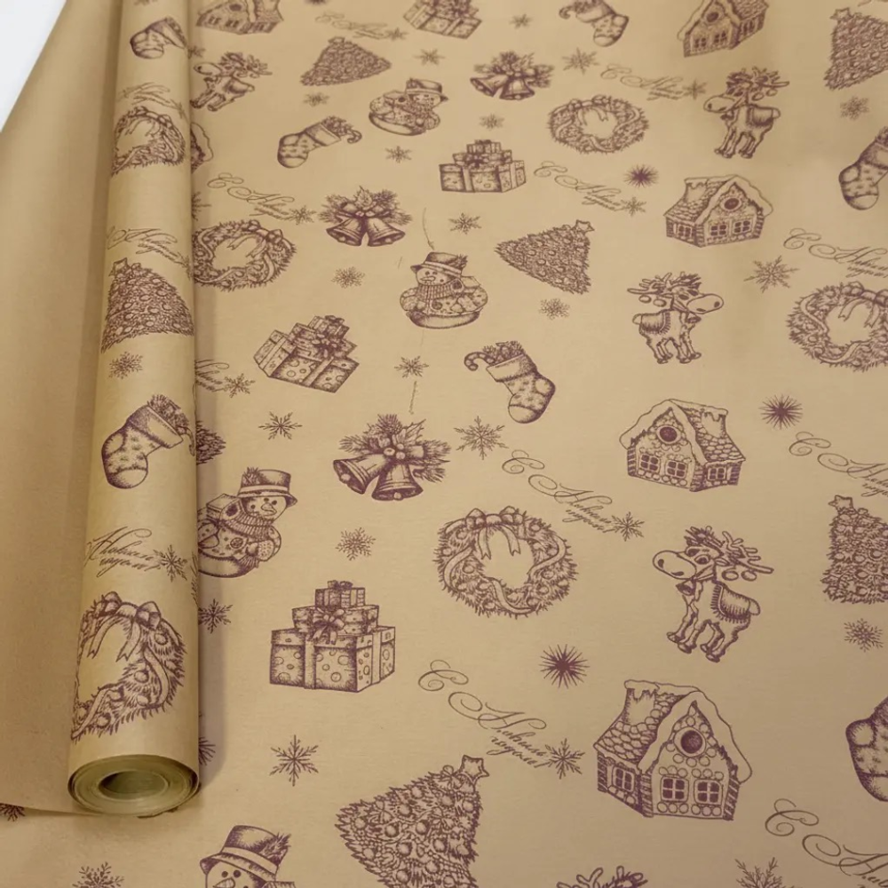 Бумага упаковочная 70 см х 10 м "Новогодняя" в рулоне (Крафт)