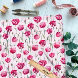 Ткань сатин насыщенные акварельные тюльпаны на розовом фоне