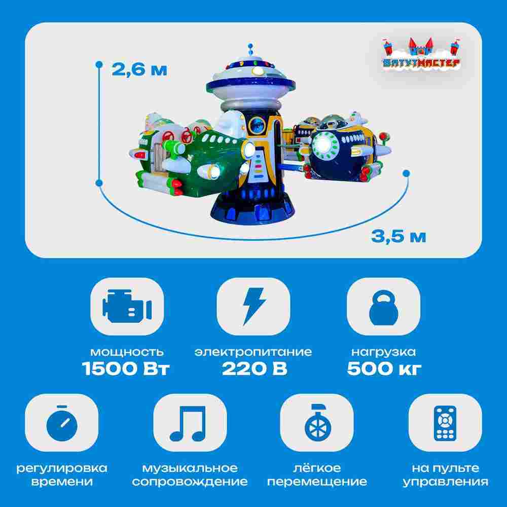 Электрическая Аттракцион карусель «Космодром», 3,5×3,5×2,6 м