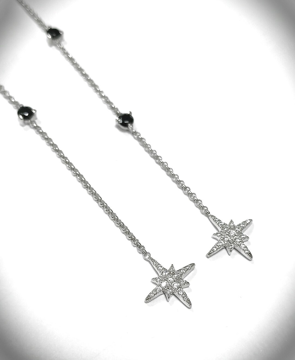 Серьги "Звезды" с цепочкой, фианитами и английским замком
