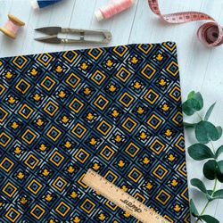 Ткань дюспо золотисто-синий узор из мелких квадратов