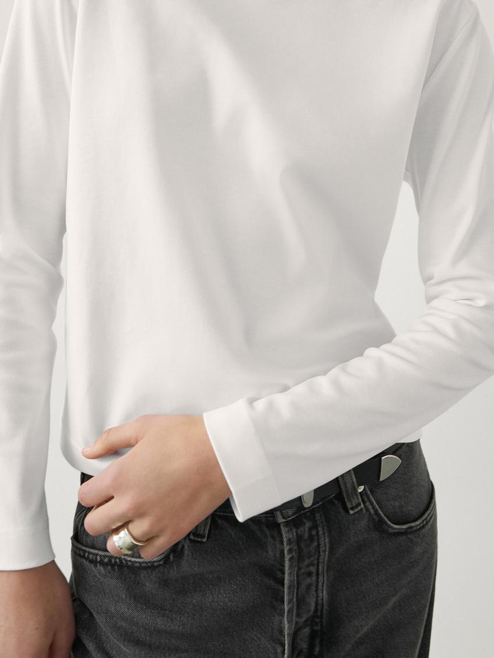 Massimo Dutti Футболка из хлопка с длинными рукавами, натуральный, кремовый