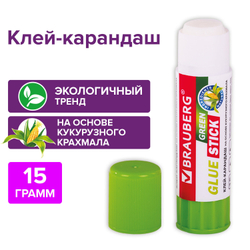 Клей-карандаш на натуральной основе BRAUBERG GREEN, 15 г, 270437