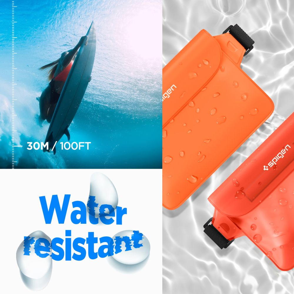 Защитная водонепроницаемая сумка Spigen A620 UNIVERSAL WATERPROOF WAIST BAG 2-PACK SUNSET ORANGE (водонепроницаемость и пыленепроницаемость IPX8; водонепроницаемость до 30 метров; размеры 22x15cm; тройная герметичная застежка)
