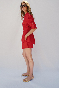 ZARA КУРТКА-САФАРИ ИЗ ЛЬНА С ПОЯСОМ, КРАСНЫЙ