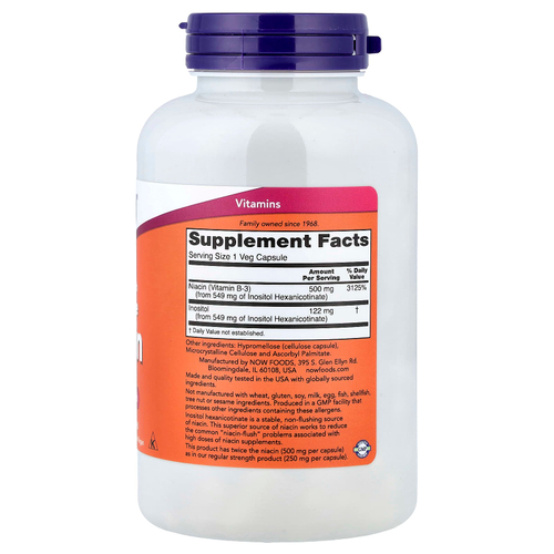 NOW Foods, ниацин без приливов, 500 мг, 180 растительных капсул
