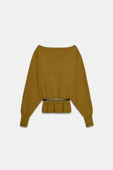 ZARA ВЯЗАНЫЙ СВИТЕР С ПОЯСОМ, ЦВЕТ ОЛИВКОВОГО МАСЛА
