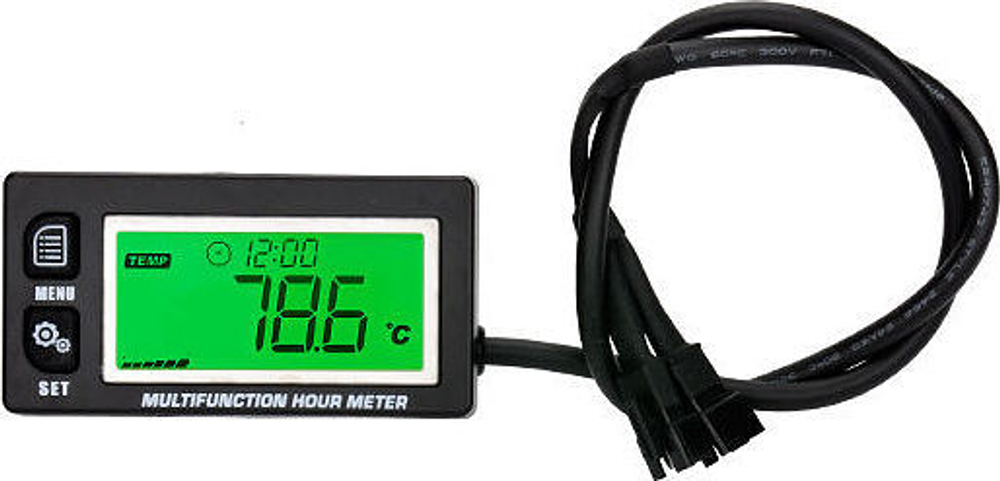 Тахометр универсальный со счетчиком моточасов, датчиком температуры, вольтметром, с подсветкой и сменной батарейкой