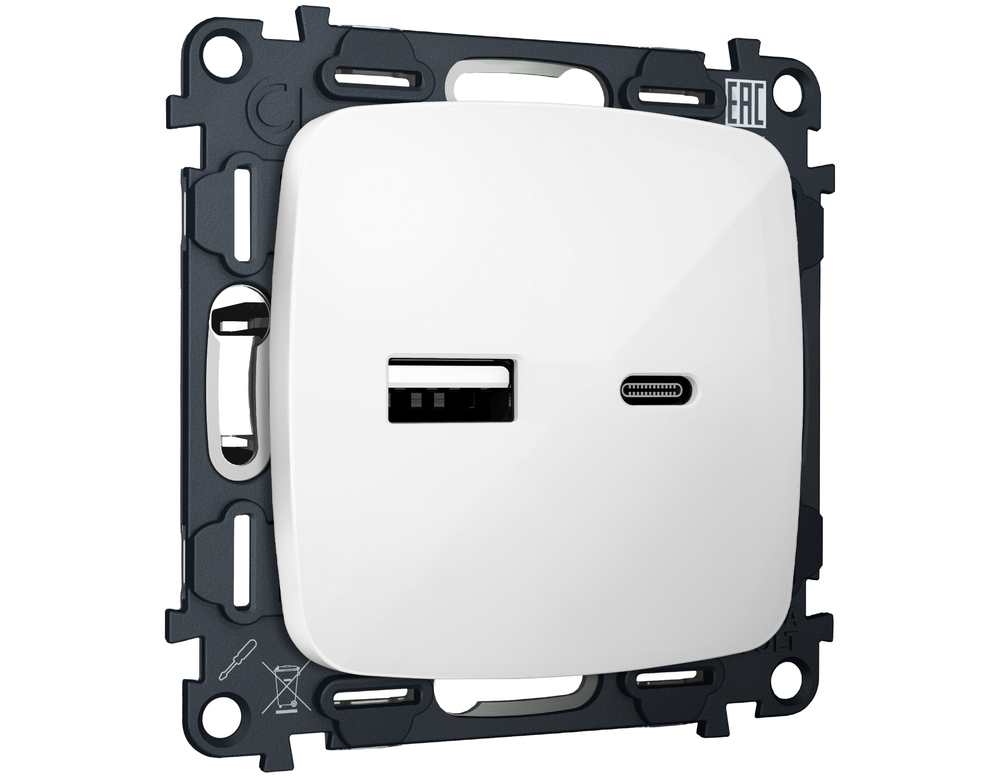 MO111010 Комплект механизма розетки OMEGA Белый глянец 2USB A+C 20W (быстрая зарядка) QUANT (OP1110, VM177)