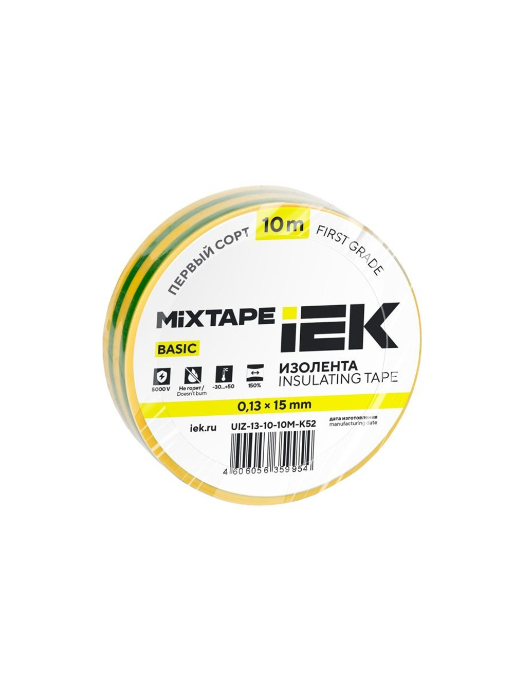 Изолента ПВХ 0.13х15мм (рул.10м) желт./зел. IEK UIZ-13-10-10M-K52