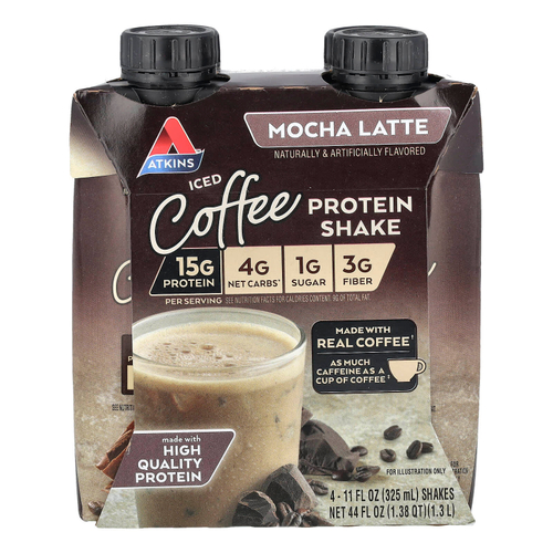 Atkins, Кофе со льдом, протеиновый коктейль, латте с мокко, 4 коктейля, 325 мл (11 жидк. унц.)