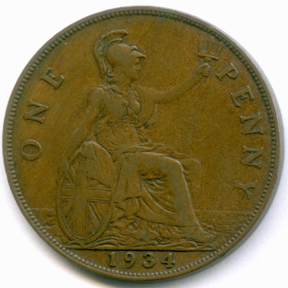 1 пенни 1934 год. Великобритания (Георг V). Бронза, диаметр 30.8 мм. VF