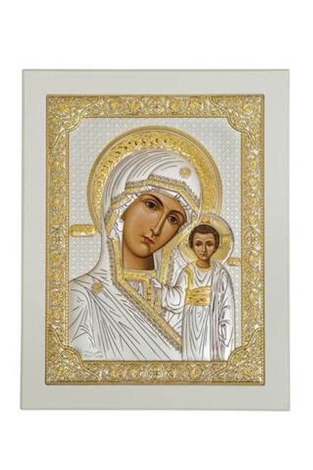 Казанская БМ, икона прямоугольная с рамкой, белое дерево 150х190