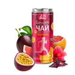 Гибискус чай «Колд брю» Маракуйя 28SEEDS в банке на фоне маракуйи, лепестков гибискуса