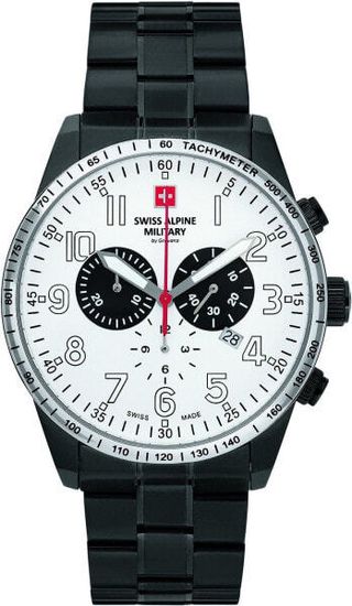 С ремешком Мужские наручные часы с черным кожаным ремешком Swiss Alpine Military 7082.9173 chronograph 45mm 10ATM