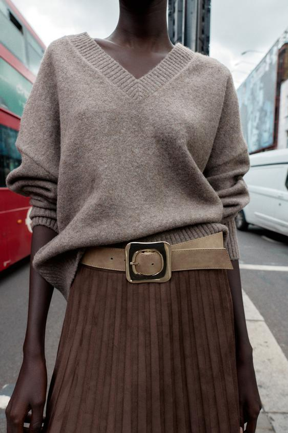 ZARA ПЛИССИРОВАННАЯ ЮБКА-МИДИ ПОД ЗАМШУ С ПОЯСОМ, КОРИЧНЕВЫЙ