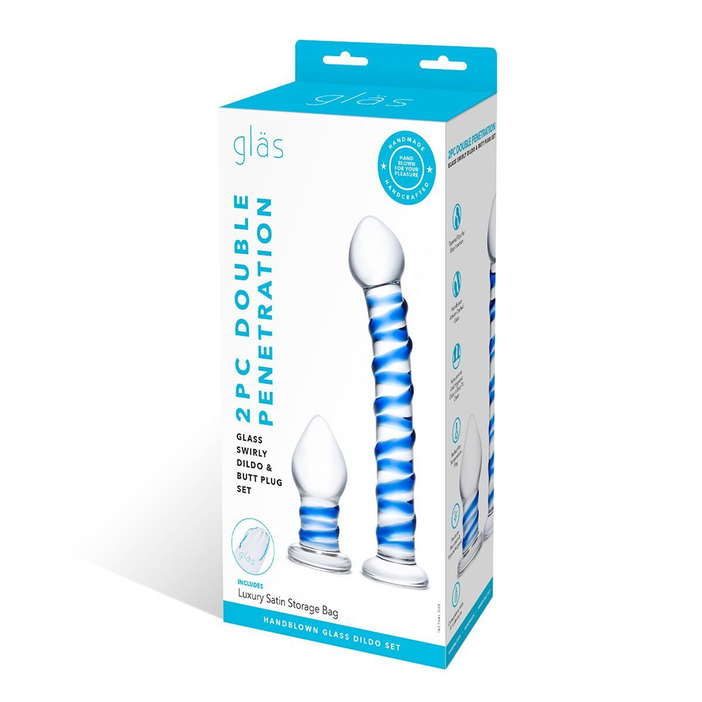 Набор из 2 стеклянных игрушек с синей спиралью Swirly Dildo & Buttplug Set