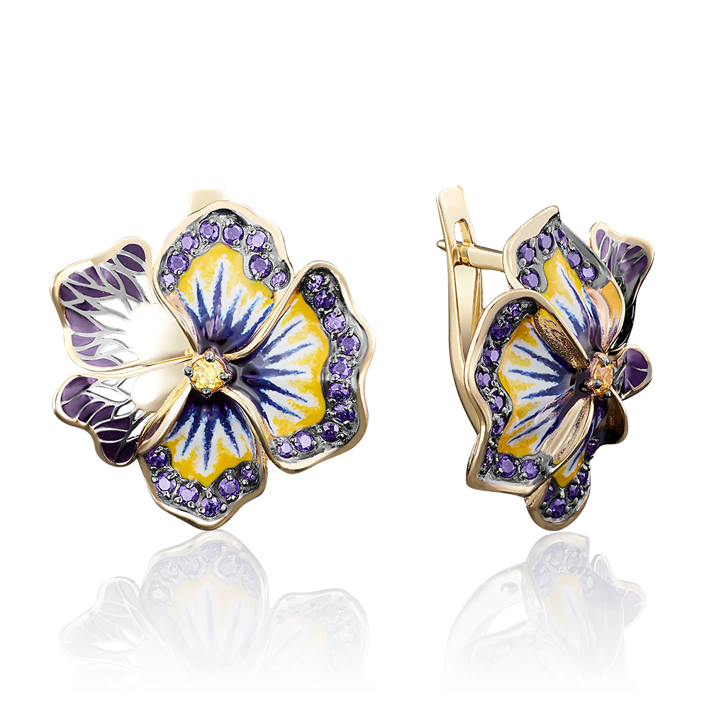 Серьги «Анютины глазки» с английским замком из лимонного золота с фианитами и эмалью