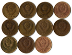 Набор 3 копейки СССР (11 монет) 1970, 81-87, 89,90, 91 л