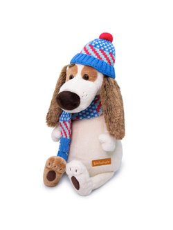 Мягкая игрушка Бартоломей в вязаной шапке и шарфе 27 см