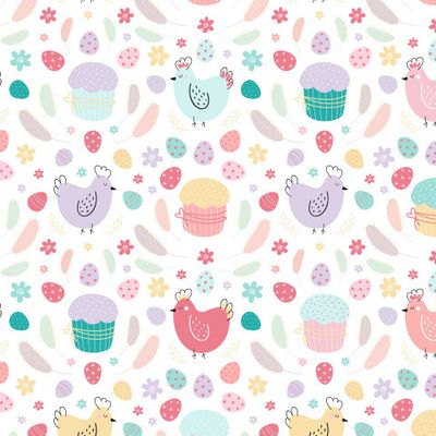 Детский пасхальный паттерн. Курочки, куличи, яички