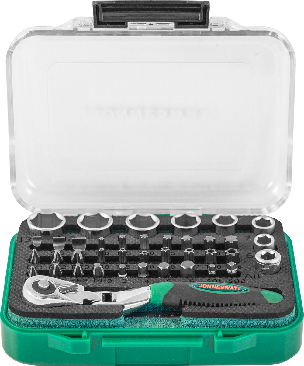 RD02040S Набор рукоятка трещоточная миниатюрная 1/4"DR со вставками-битами и головками торцевыми , 40 предметов