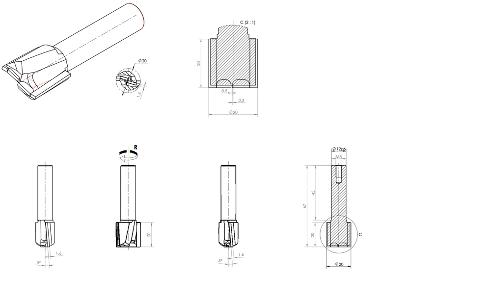 PCD концевая фреза D.20x20 S.12x45 Z=2+2 RH