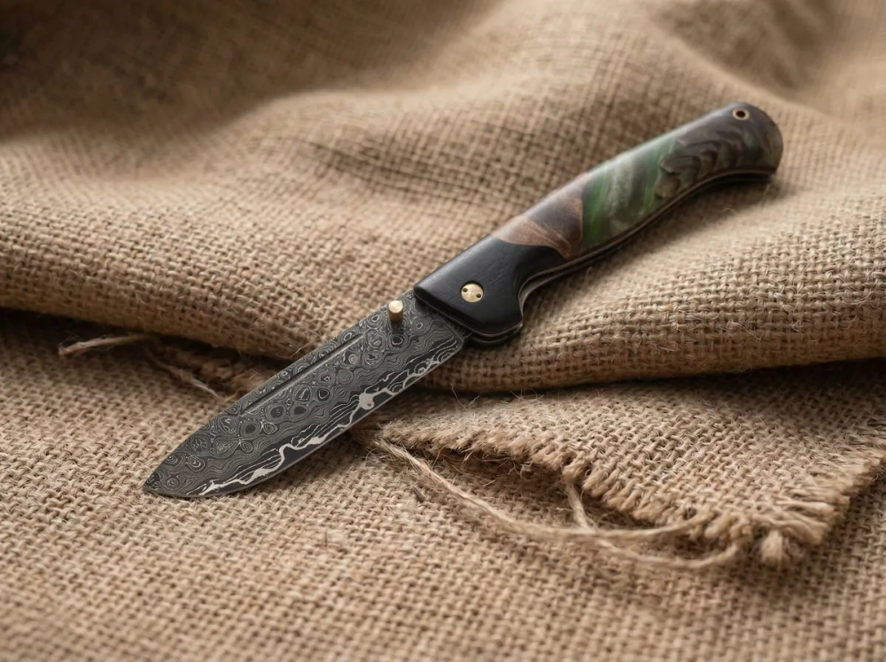 Складной нож "Таежник", ламинированная сталь, рукоять черный граб/орех/зеленый акрил