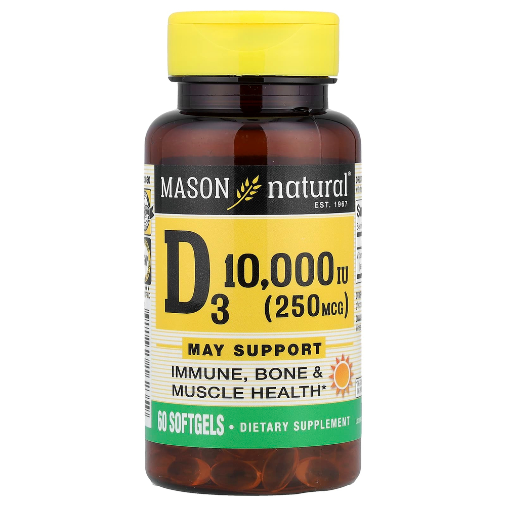 Mason Natural, Витамин D3, 250 мкг (10 000 МЕ), 60 мягких таблеток