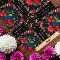 Ткань бифлекс красные гранаты с листьями