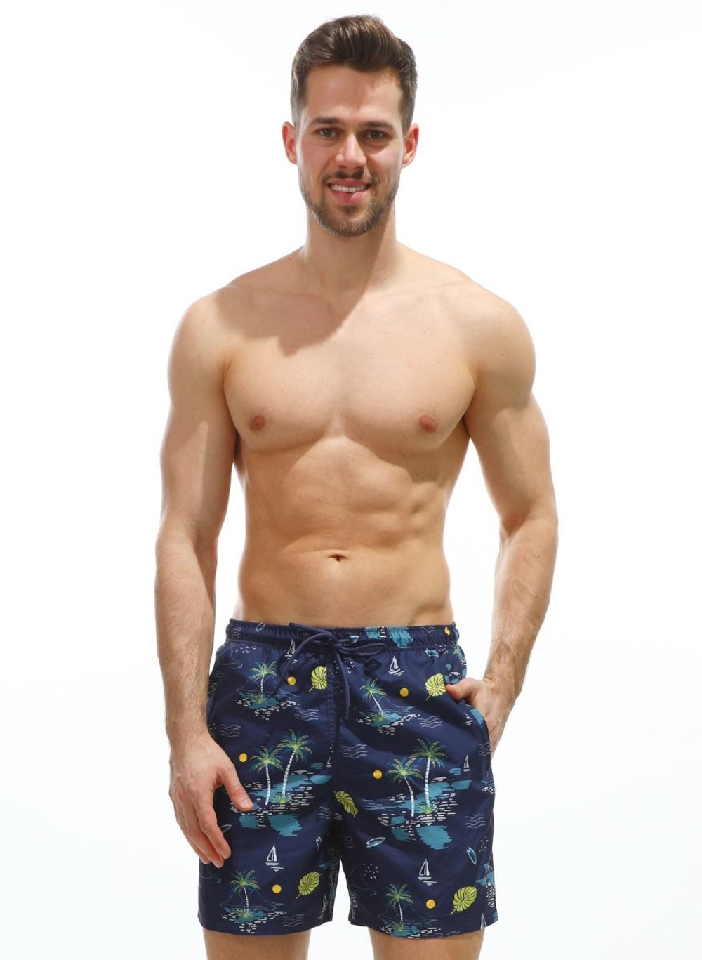 Темно-синие пляжные шорты с принтом в виде пальм (Размер: M) (Цвет: темно-синий)