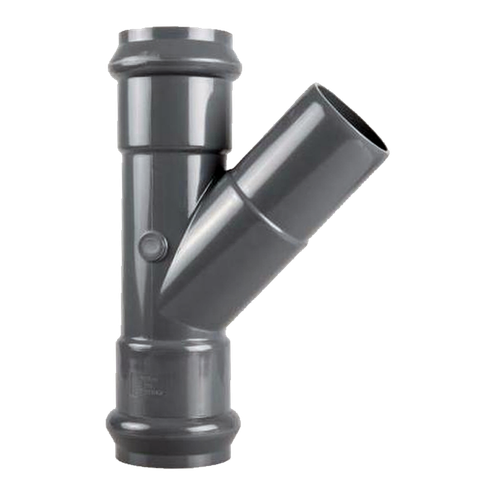 Тройник напорный НПВХ 125 равнопроходной 45° двухраструбный с гладким концом ГОСТ Р 51613-2000, цвет серый, ХЕМКОР (Россия)