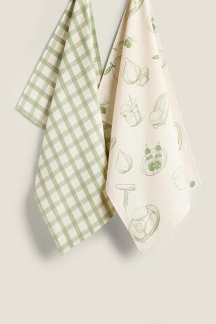 ZARA HOME КУХОННОЕ ПОЛОТЕНЦЕ С РИСУНКОМ (КОМПЛЕКТ ИЗ 2 ПРЕДМЕТОВ),  ЭКРЮ