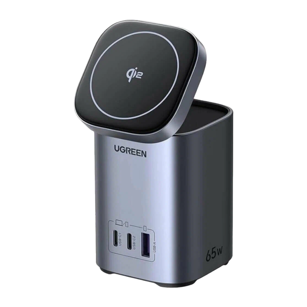 Зарядная станция MagSafe Ugreen Nexode мощностью 65 Вт (GaN) (Qi2) (X555) Беспроводная зарядка: Qi 15 Вт. Проводная зарядка: 2 USB-C, USB-A. Сертификация Qi2. Есть поддержка PD и PPS. Отсутствует LED-индикация