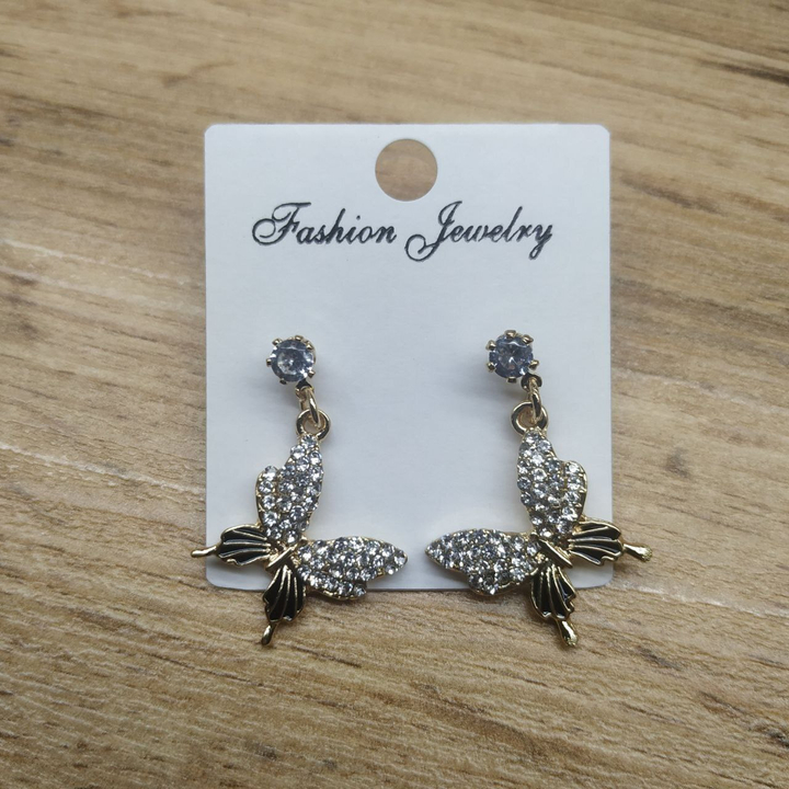 Серьги кольца Бабочка стразы эмаль черная металл золотистый