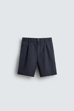ZARA ШОРТЫ REGULAR FIT СО СКЛАДКАМИ, МОРСКОЙ СИНИЙ