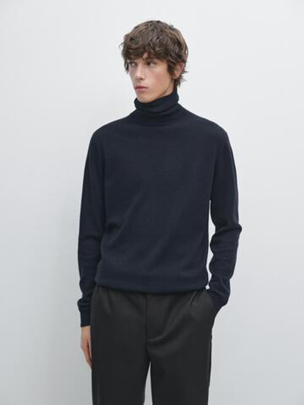 Massimo Dutti Свитер из шерстяной пряжи с воротником-стойкой, темно-синий