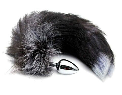 Серебристая анальная пробка с темным лисьим хвостом Black & White Fox Tail Size M (Цвет: серебристый с черным)