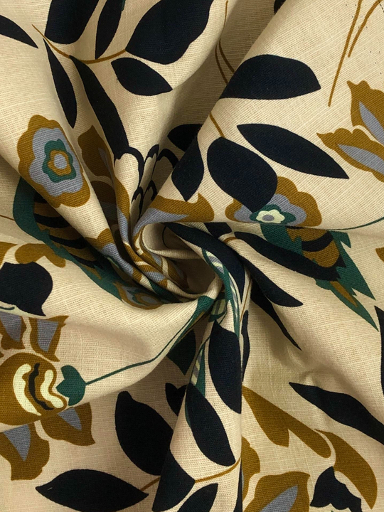 Плательная лен принт цветы/листья зеленые на бежевом